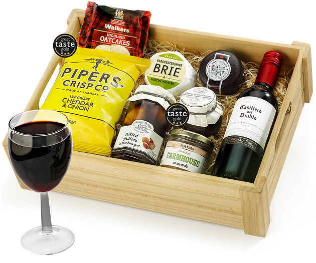 Anniversary & Wedding Ploughman's Choice in Wooden Crate With Red Wine